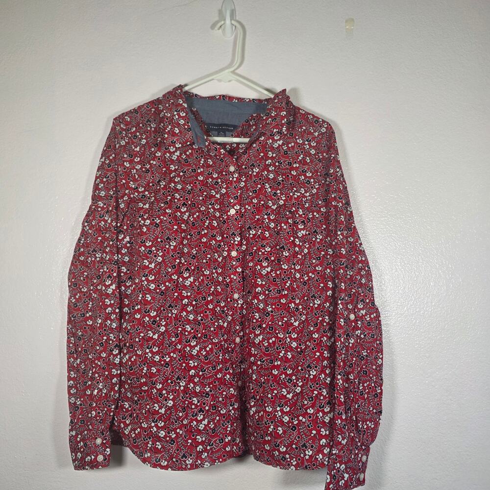 Tommy Hilfiger Floral Button Up Shirt Red Cotton Long Sleeve Women's XL